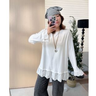 Q了个T 微胖mm大码女装【小花边】蕾丝花边全棉宽松打底长袖T恤