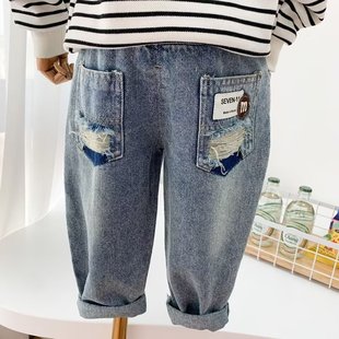 男童春款破洞牛仔裤2024新款儿童复古薄款裤子韩版乞丐长裤