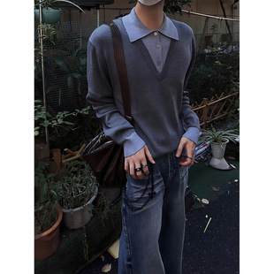 美式复古假两件老钱风POLO衫毛衣男款秋季miu系氛围感穿搭针织衫