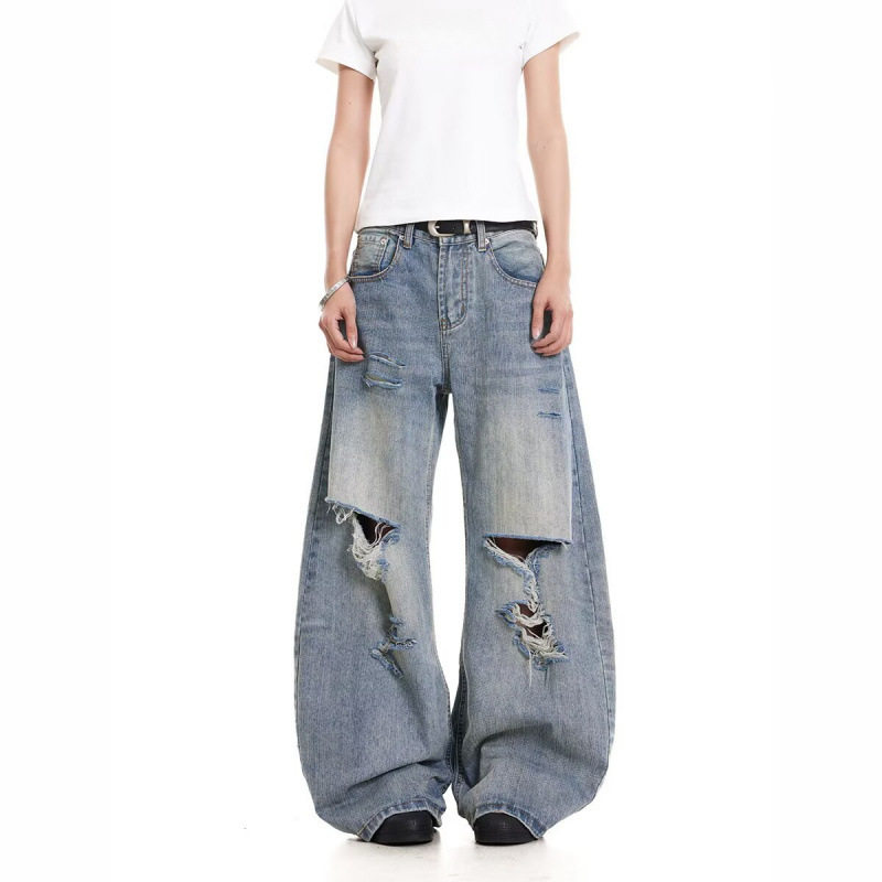 美式水洗破洞牛仔裤男女宽松阔腿休闲裤复古潮牌cleanfit直筒裤子