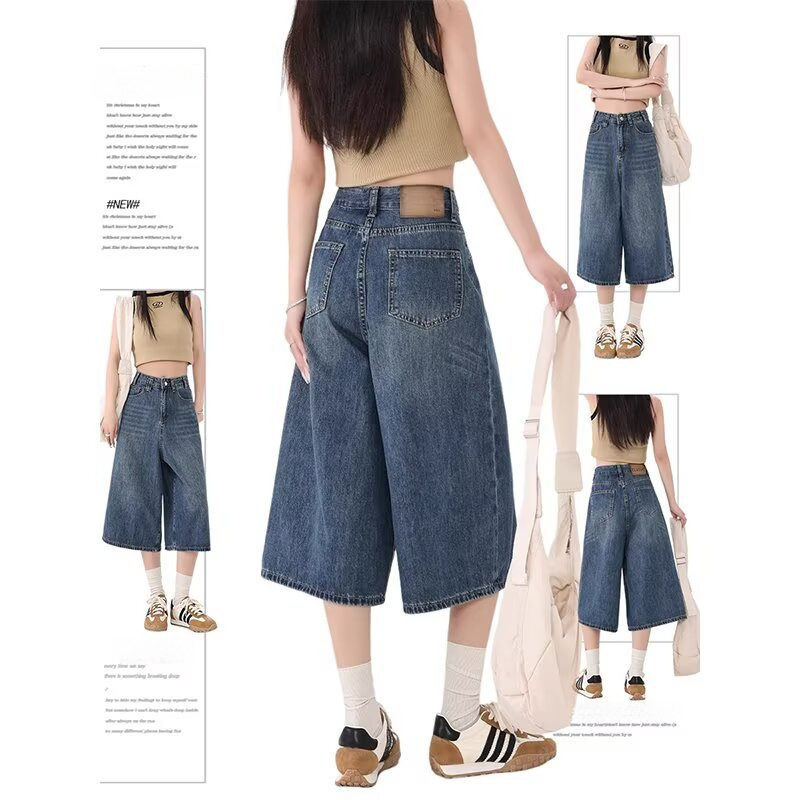 美式复古七分牛仔裤女夏季新款水洗做旧高腰宽松直筒阔腿裤短裤子