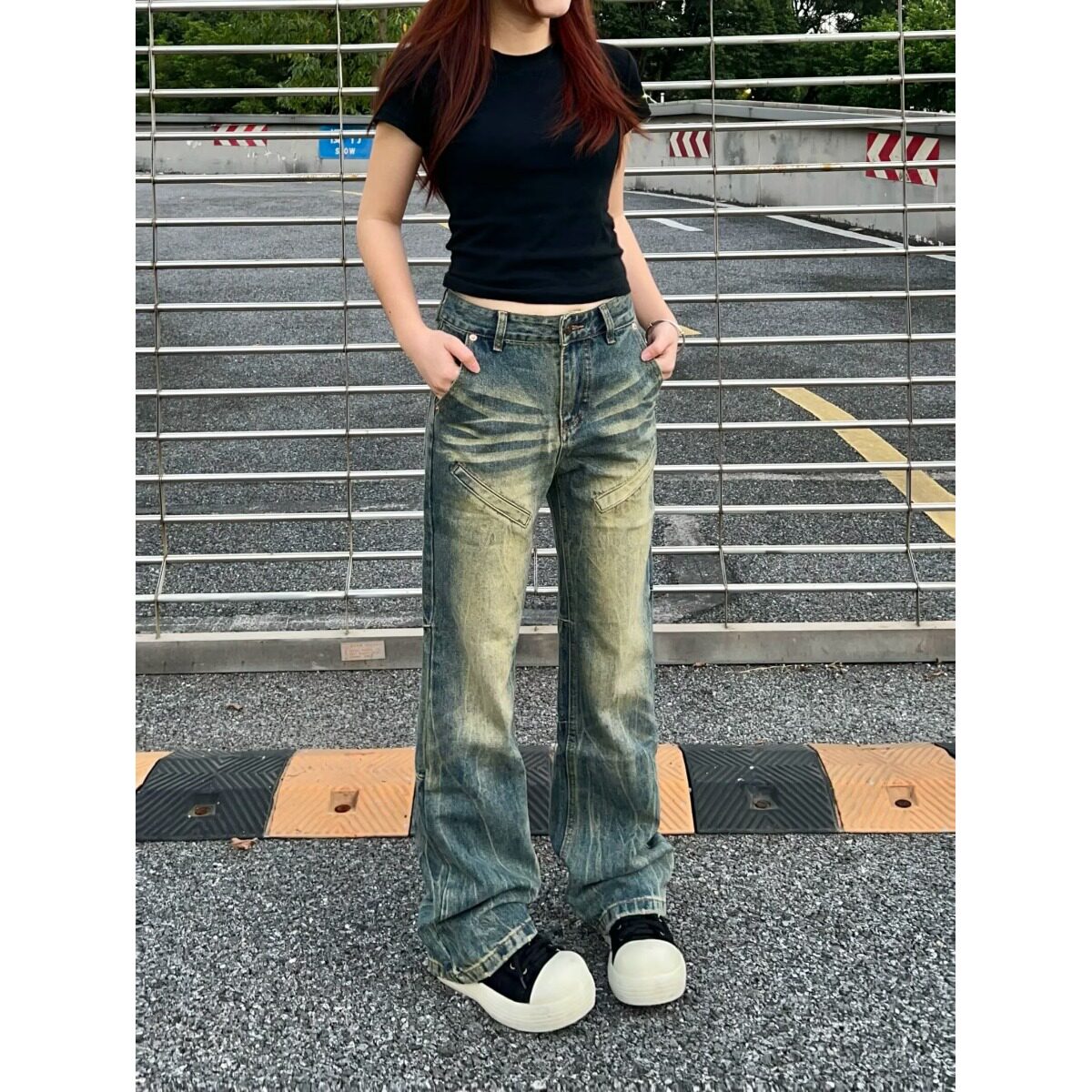 美式水洗复古直筒拼接牛仔裤男女做旧微喇叭宽松休闲裤子潮牌