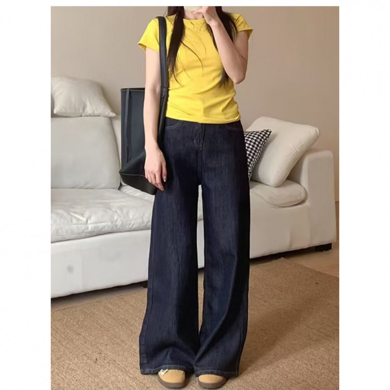 深蓝色天丝阔腿牛仔裤女夏季薄款冰丝小个子宽松垂感拖地直筒裤子