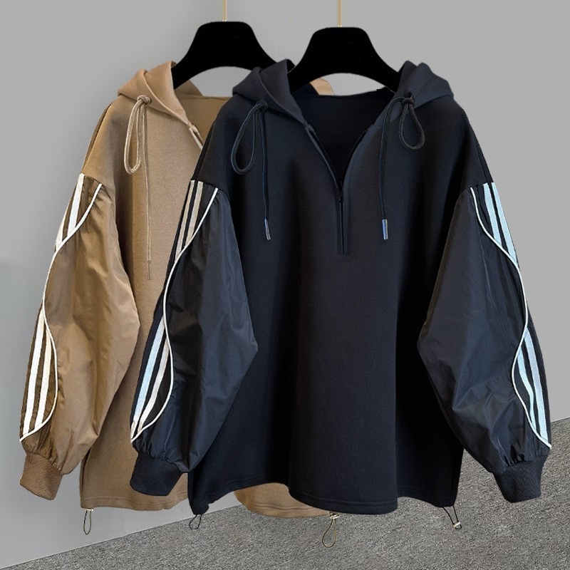 条纹拼接半拉链连帽卫衣男秋季韩版潮流痞帅休闲学生宽松套头外套