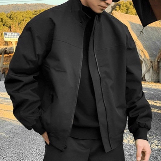 高级感痞帅男士黑色立领教练夹克春秋季美式复古短款工装飞行外套