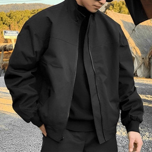 高级感痞帅男士黑色立领教练夹克春秋季美式复古短款工装飞行外套