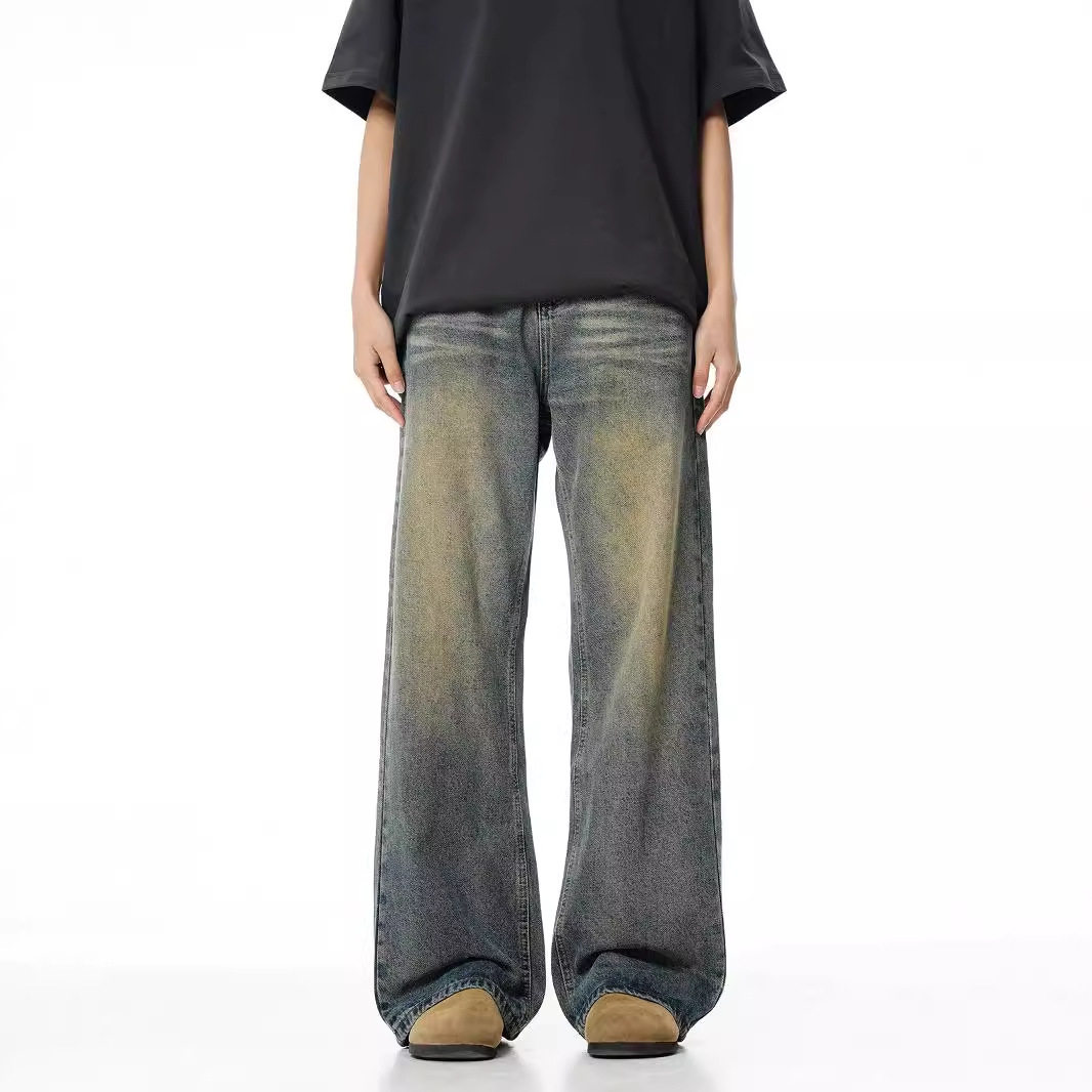 小众磨破做旧复古水洗直筒牛仔裤男秋季新款宽松百搭阔腿拖地长裤