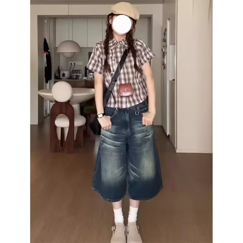 美式水洗做旧牛仔七分短裤女夏季新款高街阔腿显瘦宽松直筒中裤子