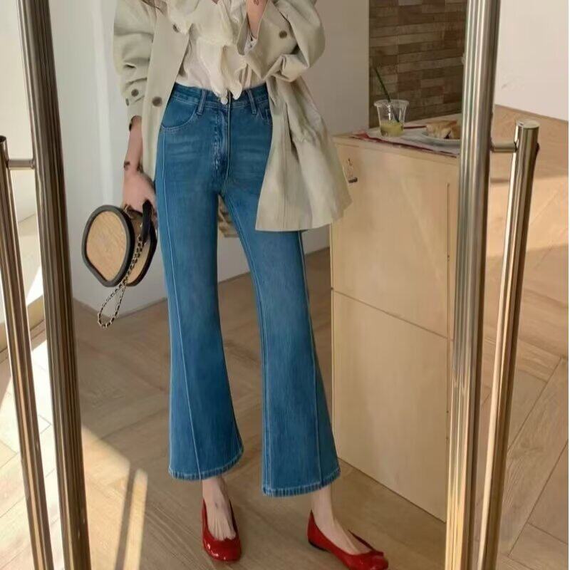 蓝色微喇牛仔裤女夏季新款大码胖mm梨型身材小个子高腰显瘦九分裤