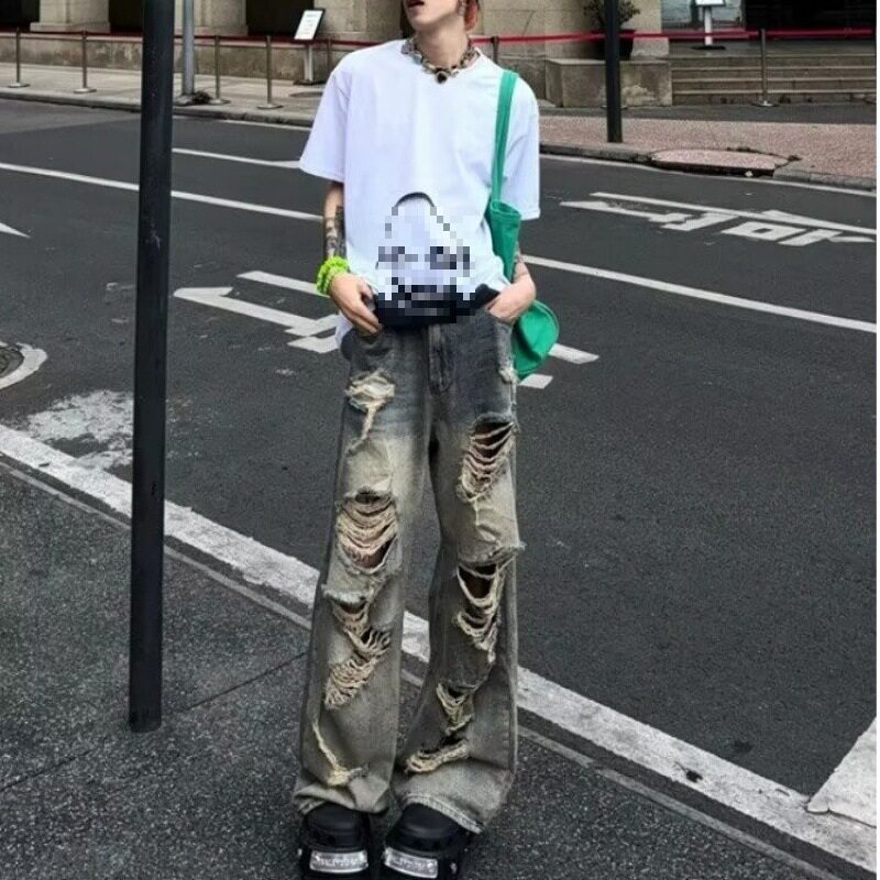 跨境美式复古水洗做旧高街破洞牛仔裤男乞丐裤直筒阔腿休闲长裤子