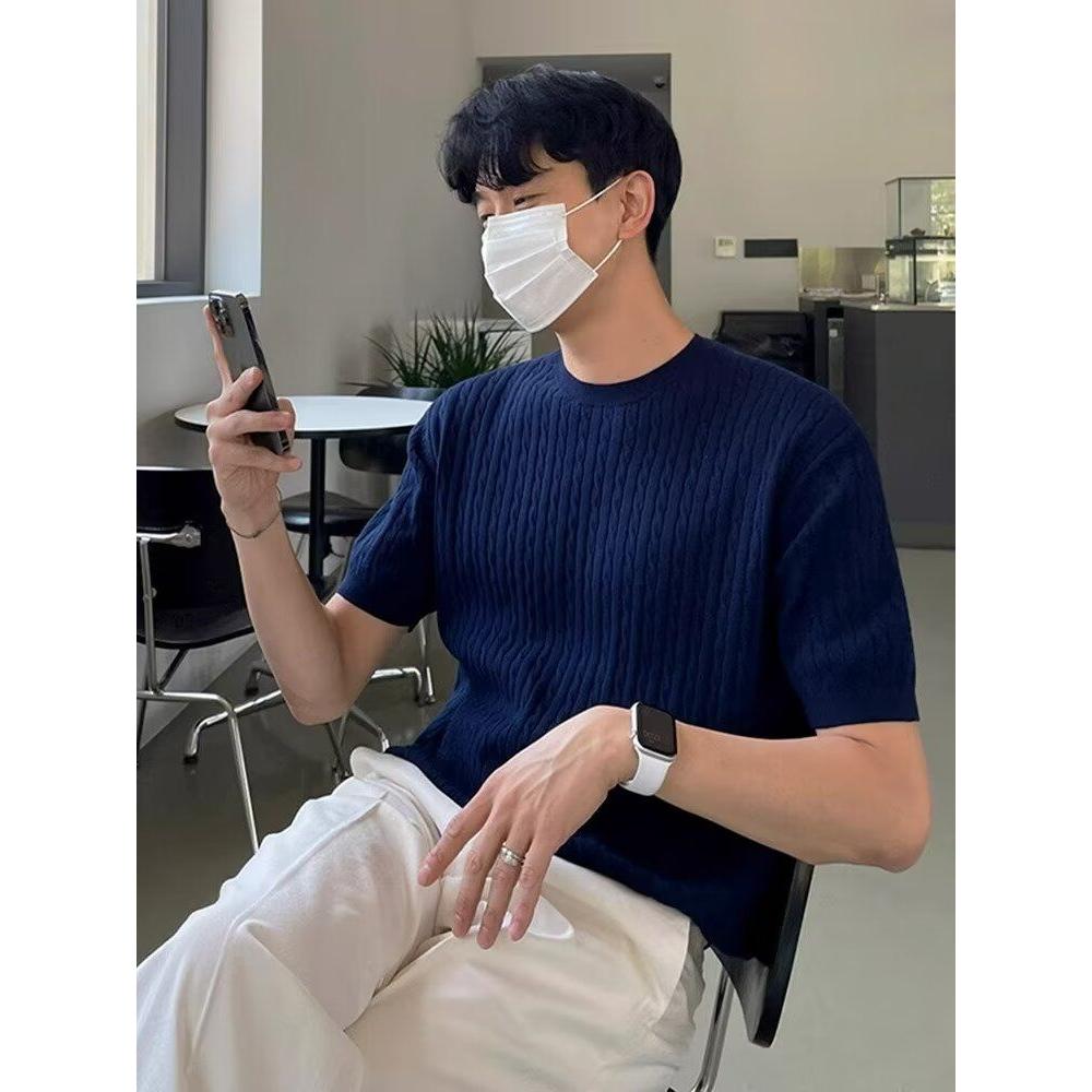 美式小领口t恤肌肉男紧身弹力收腰短袖针织衫冰爽丝线衣紧袖体恤