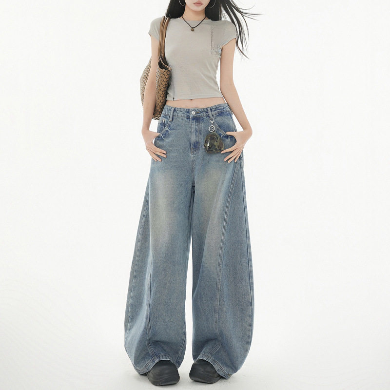 复古水洗拼接牛仔长裤男女美式高街潮牌设计宽松显瘦高腰阔腿裤