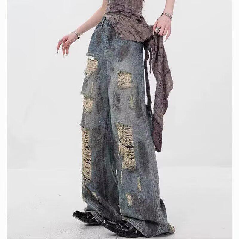 废土风扎染牛仔裤男女夏季美式复古破洞高街宽松慵懒拖地阔腿裤