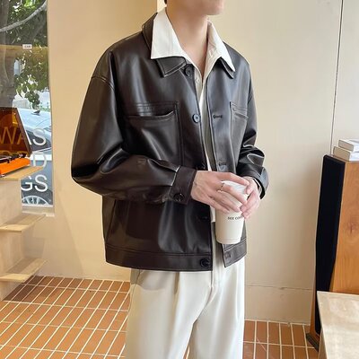 复古宽松短款PU皮衣外套男痞帅上衣春秋季韩版翻领机车休闲夹克