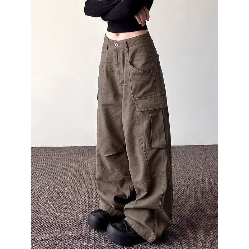 大码美式复古多口袋工装牛仔裤男女高街潮牌直筒宽松阔腿垂感长裤
