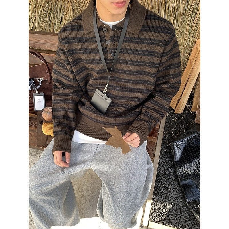 美拉德复古条纹针织polo衫男秋冬季慵懒高级感内搭可外穿毛衣外套