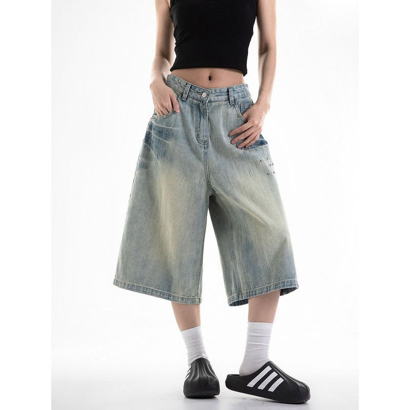 美式复古水洗铆钉设计感牛仔裤男女夏季潮牌宽松休闲阔腿七分裤潮