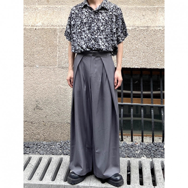 设计感褶皱阔腿西裤男夏季宽松休闲垂感直筒高腰西装裤潮跨境代发