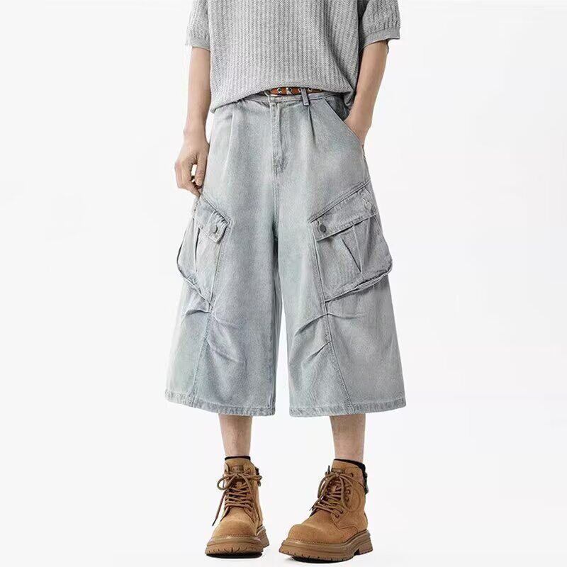大码美式复古阔腿水洗牛仔七分裤女高街直筒宽松多口袋工装短裤潮