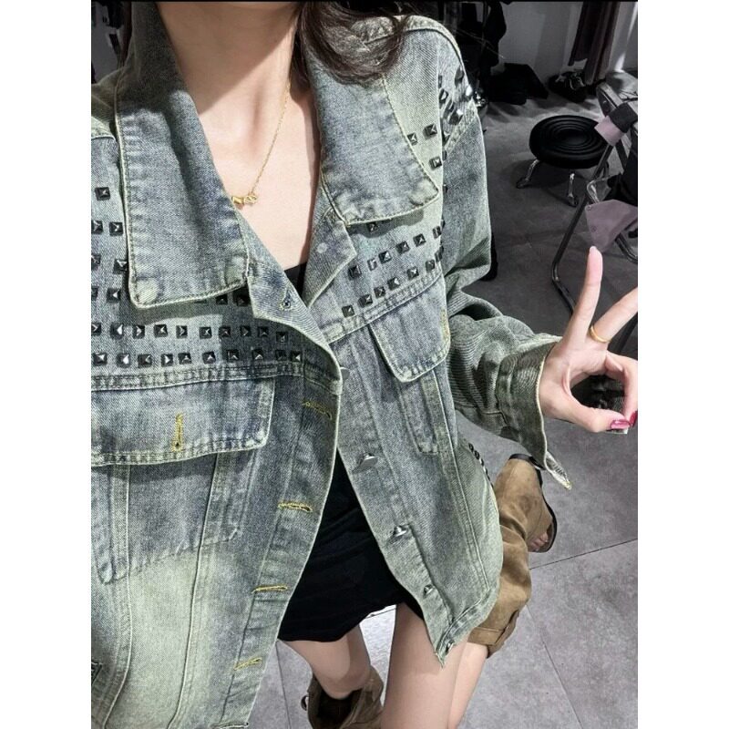 美式复古高级感重工铆钉牛仔外套女春秋宽松bf慵懒风潮牌夹克上衣