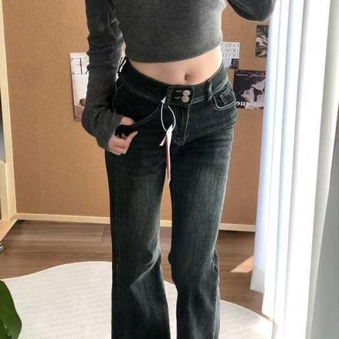 微喇加绒牛仔裤女秋冬季2025新款加厚低腰宽松不贴腿喇叭裤子