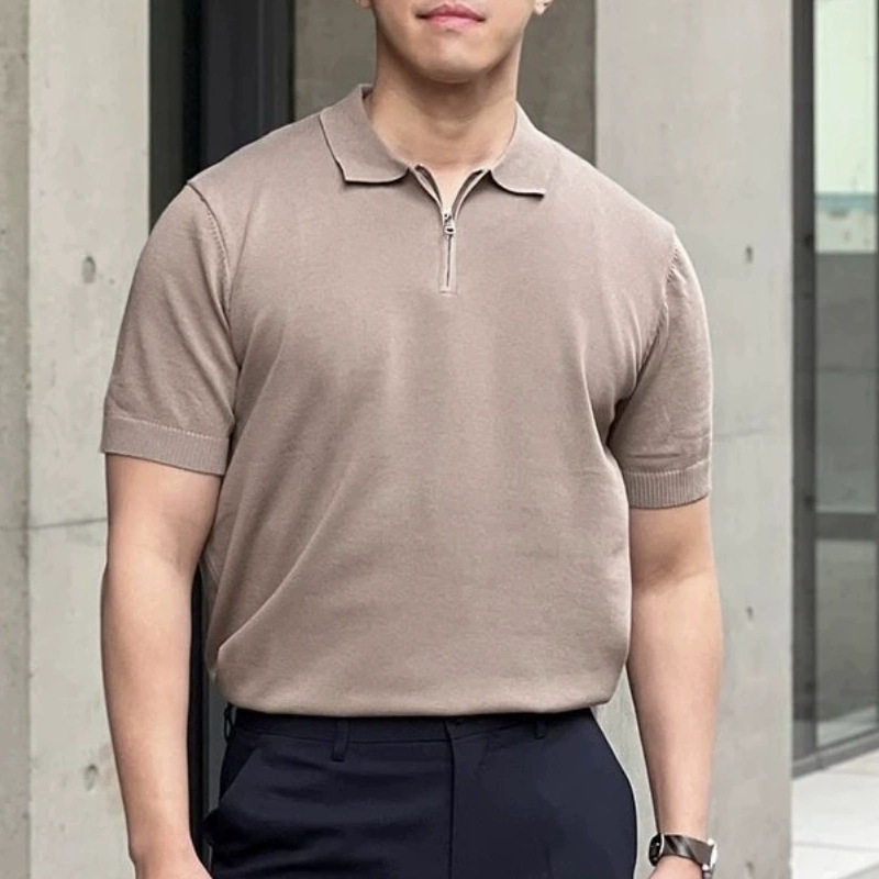 夏季韩版半拉链短袖针织polo衫男士潮流百搭修身商务翻领t恤跨境
