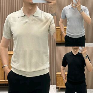 老钱风帅气针织短袖POLO衫男夏季高级感纯色V领镂空透气翻领T恤