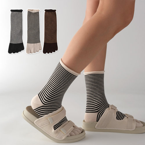 中筒卷边堆堆细条五指女袜