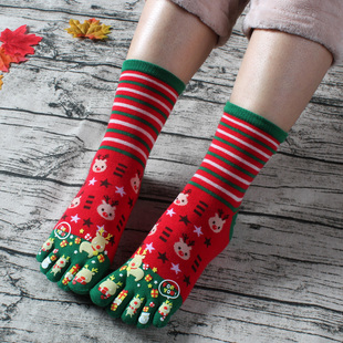 圣诞麋鹿 中筒五指袜女款 可爱冬季 圣诞袜五指袜纯棉袜卡通拇指袜