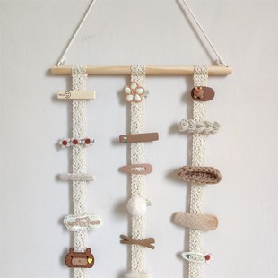 韩国ins风蕾丝带发夹收纳带木制发饰头饰整理架儿童房装 饰挂件