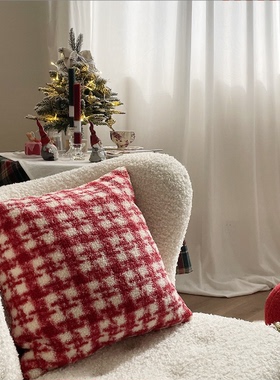 ins复古红色格子抱枕客厅沙发装饰靠枕卧室榻榻米飘窗靠垫抱枕套