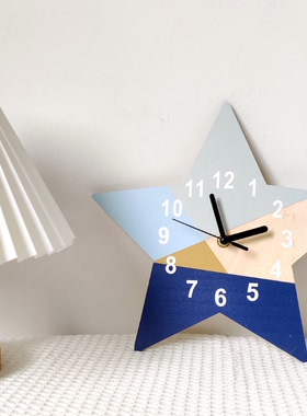 ins北欧儿童房挂钟数字静音钟创意家居蓝色系几何设计五角星钟表