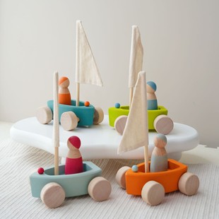 ins韩系实木浸染上色彩虹小船玩具宝宝早教益智颜色认知船帆积木