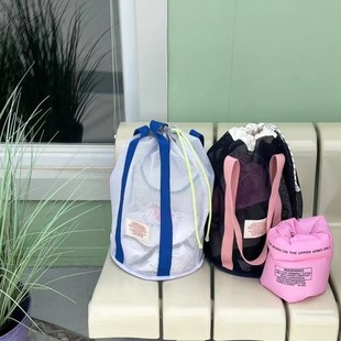 韩国ins度假旅游沙滩包网布束口袋大容量手提袋游泳透气网收纳包