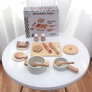 宝宝益智厨具男女孩做饭锅具 ins韩风木质过家家儿童厨房玩具套装