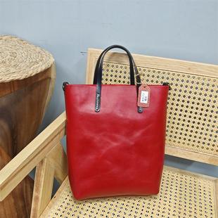 微瑕疵头层树膏牛皮复古红色托特子母外贸出口尾货清货真皮女大包