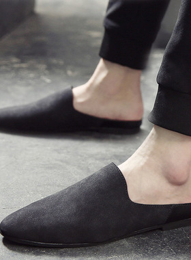 男士半拖潮流试衣间皮拖真皮绒面休闲居家拖鞋包子头凉托外穿大码