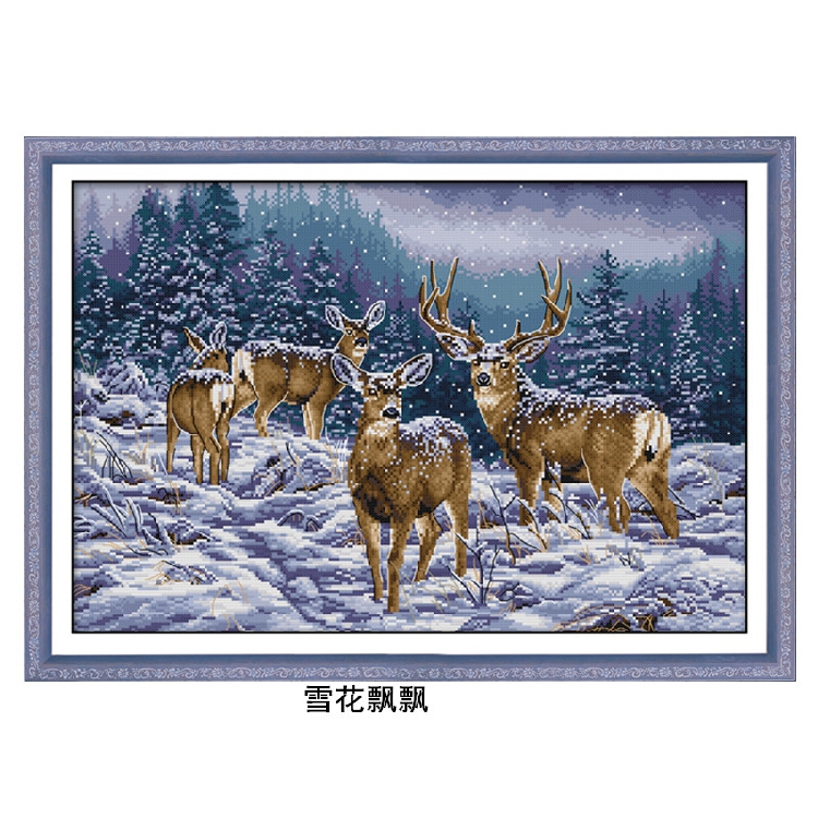 2022雪花飞舞唯美印花十字绣客厅梅花鹿一家四口线绣满绣冬天的美