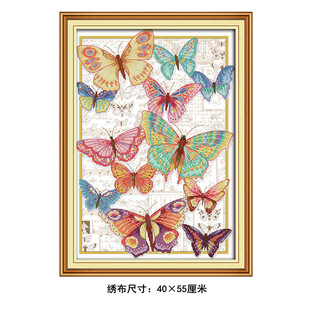 中式简约现代印花十字绣客厅卧室餐厅玄关走廊手工刺绣纷飞彩蝶