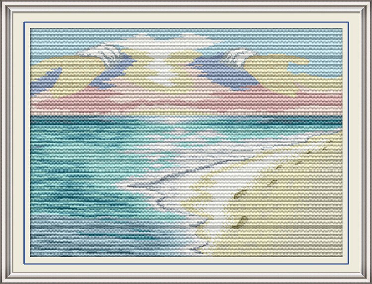 大海沙滩蓝天彩霞印花十字绣客厅2022新款抽象风景刺绣画宽广怀抱