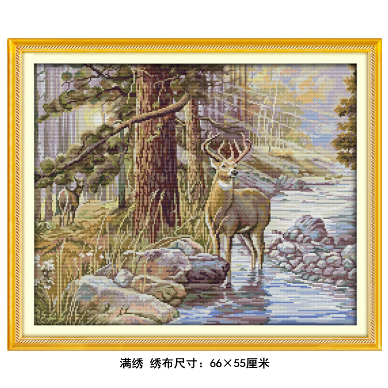 简约现代动物小河森林风景十字绣客厅儿童卧室梅花鹿图案刺绣挂画
