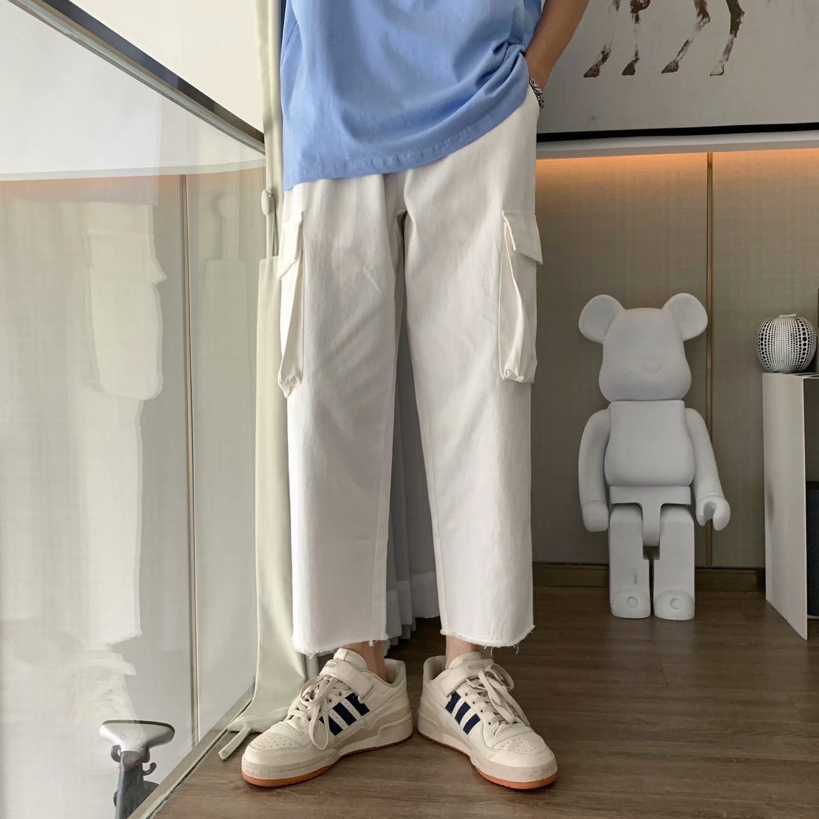 男秋季新款休闲裤宽松直筒中性工装休闲裤男潮纯棉K913P30图片