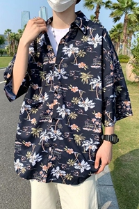 夏季新款男慵懒休闲衬衫五分袖衬衫海滩花纹外套薄上衣CS09图片