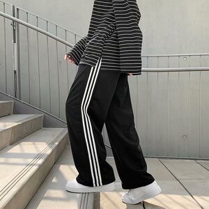 男女休闲三条杠运动裤宽松条纹卫裤图片