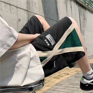 夏季休闲短裤男ins潮简约撞色拼接宽松直筒垂感五分运动裤D82P32图片