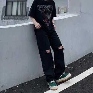 2022韩版ins复古宽松阔腿直筒牛仔裤做旧破洞长裤潮牌嘻哈G115P38