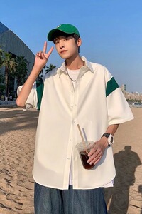 日系cityboy拼色衬衫男短袖夏季半袖ins潮休闲衬衣外套薄X86P28图片