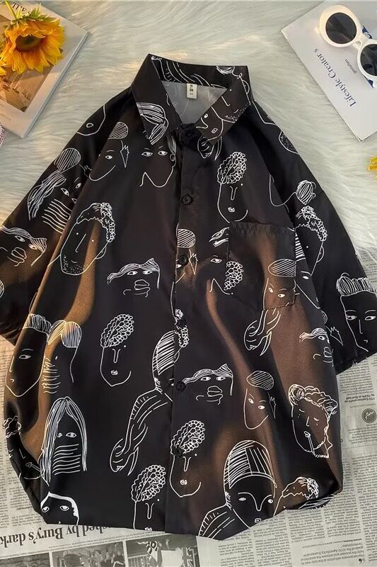 短袖花衬衫男潮小众宽松大码衬衣日系复古港风夏上衣外套C545P25,男装衬衫,星座1116-2