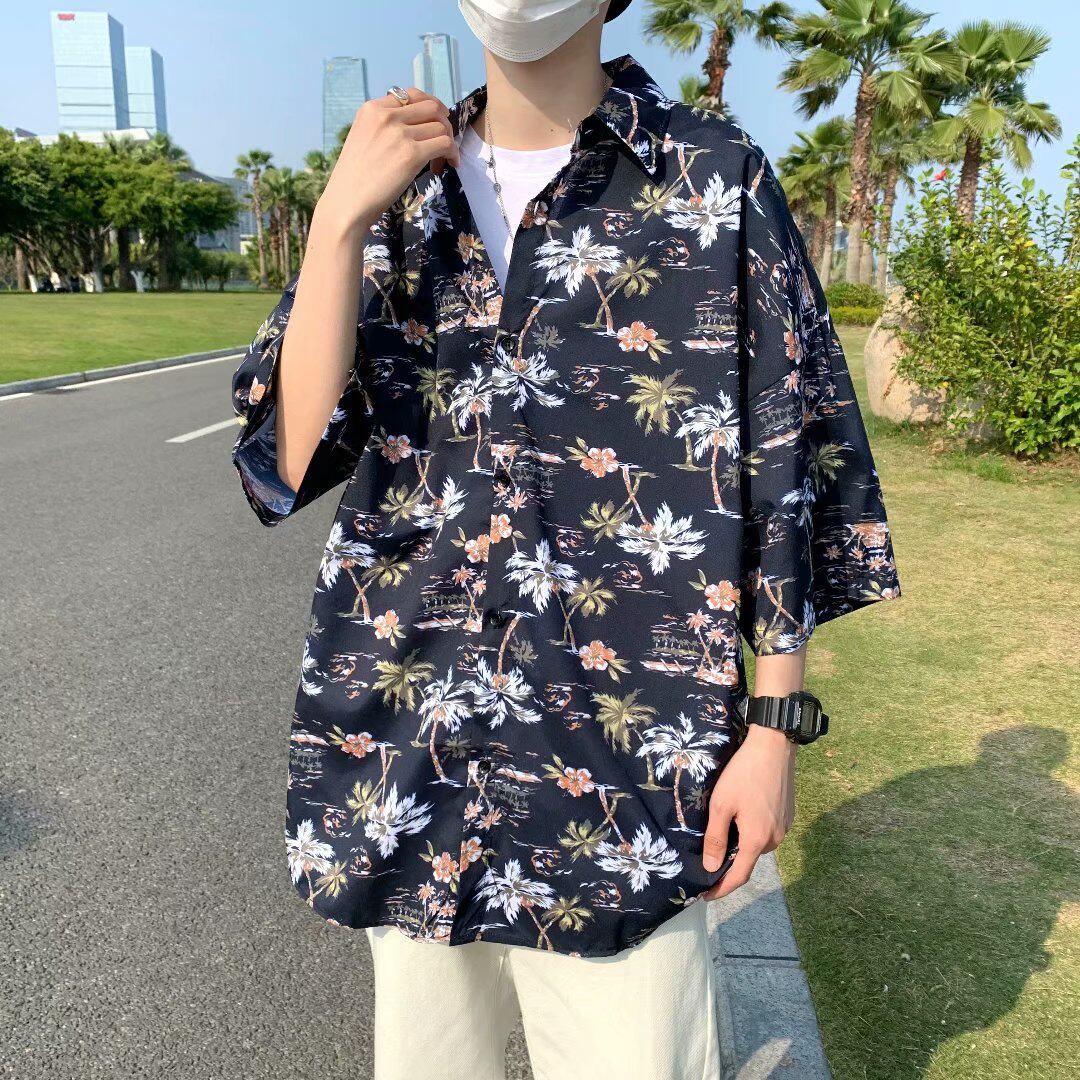 夏季新款男慵懒休闲衬衫五分袖衬衫海滩花纹外套薄上衣CS09图片
