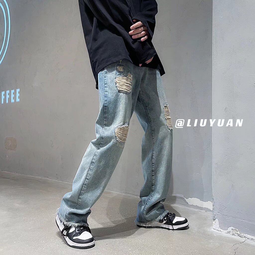 美式高街水洗做旧割破洞牛仔裤男ins潮牌欧美宽松直筒长裤N350P42，男装牛仔裤，星座1116-2